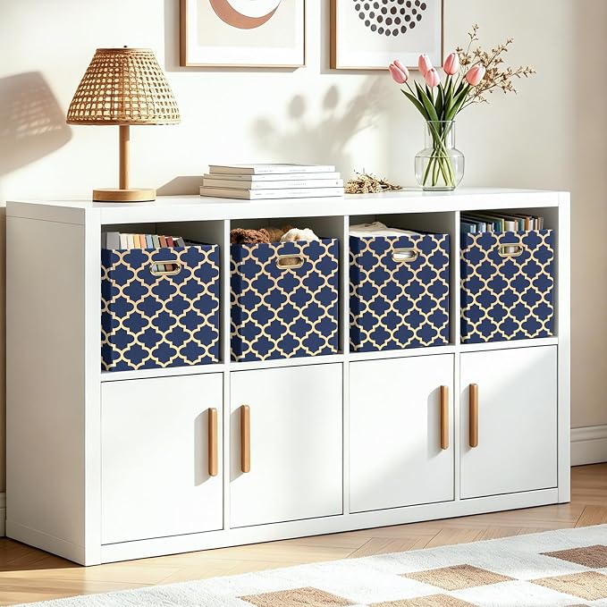 11x11x11 Storage Cube Bins, Collapsible Storage Bins Fabric Storage Cubes | Organizer Baskets Box Drawers for Shelves, Closet, Wardrobe, Bookshelf, Cabinet Blue/Gold Lantern, 4 Pack - Image 7