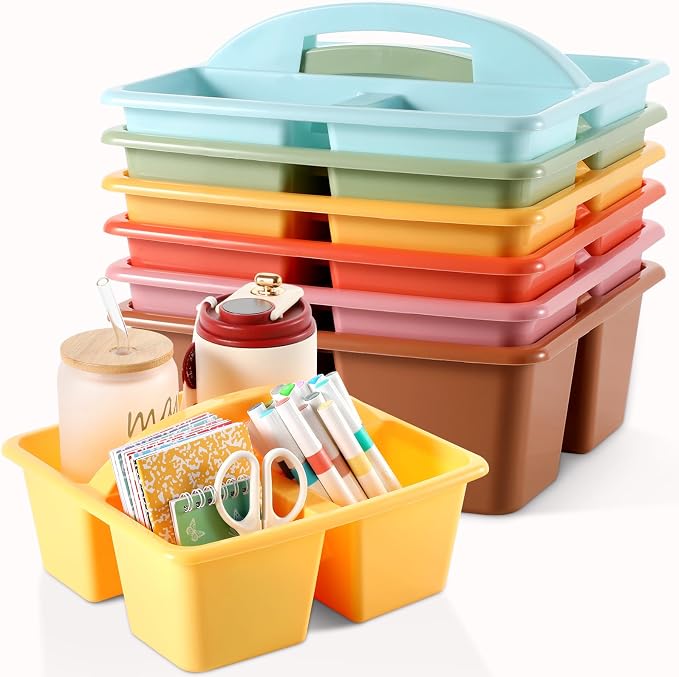 6 Pack 3 Compartment Small Caddy Plastic Classroom Organizer with Handle Portable Teacher Supply Storage Caddy Craft Art Caddies for Pencil, Crayon, Marker, Home, Office, School Supplies(Boho) by Yakydesign