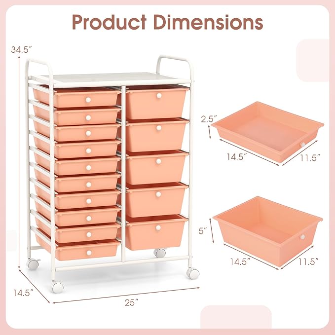 RELAX4LIFE 15-Drawer Storage Drawer Carts - Mobile Rolling Utility Cart w/Wheels, Craft Organizer for Classroom Organization and Storage, School, Office, Home, Storage Organizer Cart (Pink) - Image 3