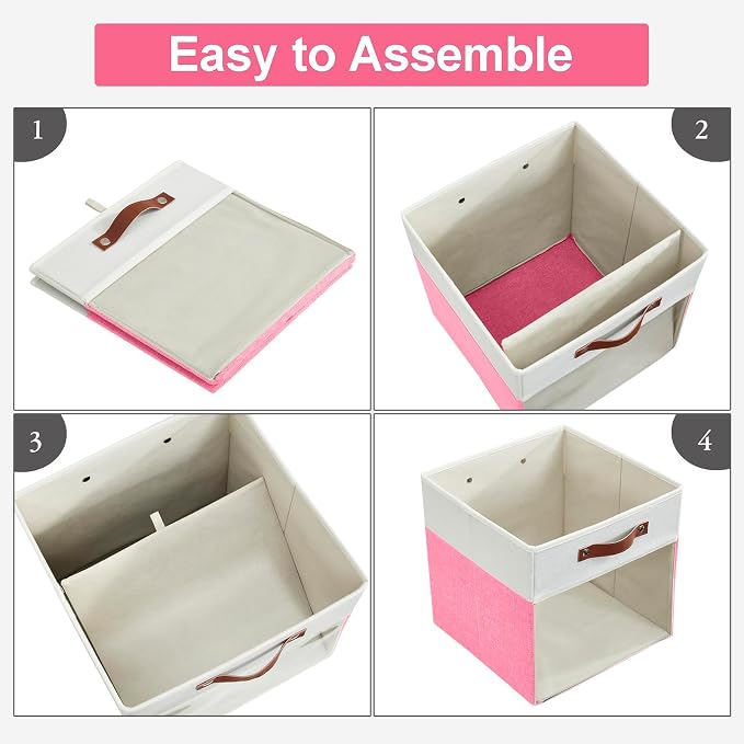 Storage Cubes, 4 Pack Linen Foldable Storage Bins with Clear Window and 2 Handles, 13x15x13 Storage Cube Bins for Shelf Closet, Kallax, Clothes, Books - (Pink / Off-White) - Image 6