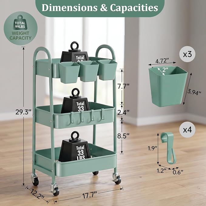 danpinera 3-Tier Rolling Cart, Utility Cart Mobile Metal Rolling Storage Cart with Lockable Wheels & Hanging Cups & Hooks for Kitchen, Bathroom, Office, Workshop, Green - Image 2