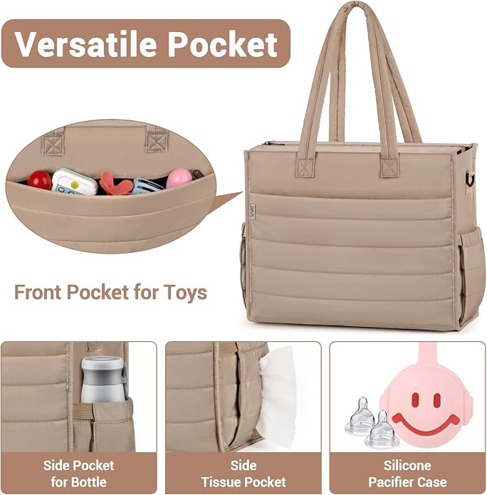 Diaper Bag Tote for Baby, Large Hospital Mommy Bag for Labor Delivery | Lightweight Puffy 4pcs Diaper Tote with Changing Pad, Toiletry Bag and Pacifier Case, Travel, Hospital, Newborn Essentials - Image 4