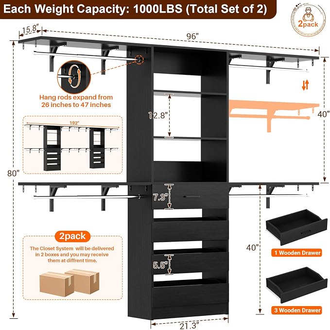 Aheaplus Closet System with Drawers Set of 2, Wood Closet Organizer System with 8 Hanging Rods & Top Shelves, Walk-in Closets Organizer Wardrobe Clothes Rack System, Cut Fits Spaces 4-9FT. Wide, Black - Image 7