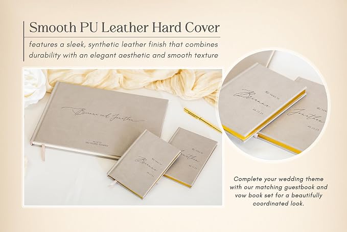 Personalized Wedding Book Set with Guestbook Vow Books (Design 1) - Custom Large 11.5 x 8.5 Guest Signin Book, 5.75 x 4 Vow Books for Marriage Ceremony Reception, Gift for Newly Engaged Couple, Taupe - Image 4