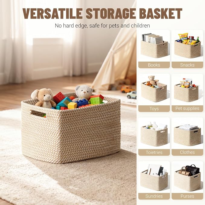 5 Pack Woven Storage Baskets, Decorative Storage Bins for Organizing | 13.8'' × 9.8'' × 7.9'', Cotton Rope Basket Organizer for Closet, Shelves, bathroom, Nursery, Toys, Books, Pantry, Khaki - Image 5