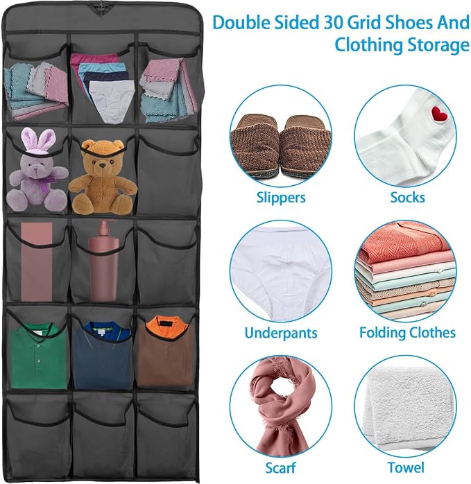 3Pcs 30 Large Pockets Dual Sided Hanging Shoe Organizer Double-Side Closet Storage Shelves with Rotating Hanger Space Saving Storage Bag Portable Shoe Rack Holder for Bedroom Laundry Room,Black - Image 7