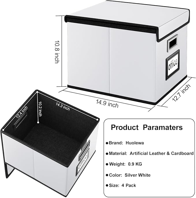 File Organizer Box with Lids, Collapsible File Folder Organizer | File Box with Plastic Slides for Document, Filing Bin for Letter Size Hanging File Folders (4 Pack, Silver, Leather) - Image 5