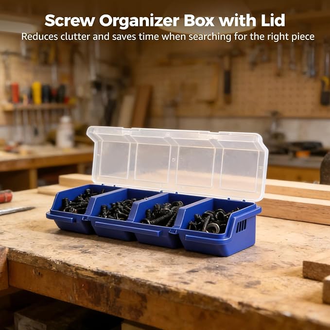 12Pcs 4-Compartment Screw Boxes, Lockable Plastic Organizer Cases 3 Colors | Secure lids stop small parts spillage, portable divided bins store bolts, beads, craft accessories and assorted tiny hardware - Image 2