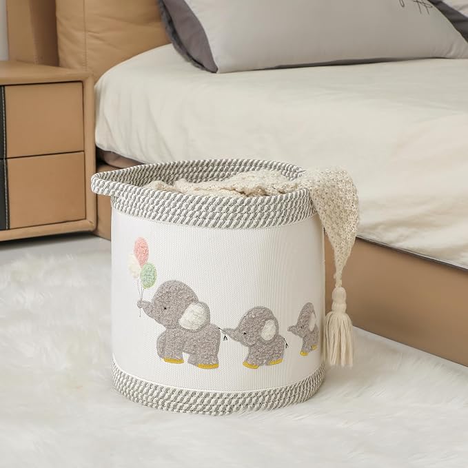Baby Toy Basket Laundry Hamper Blanket Baskets Cute Elephant Nursery Storage Basket, Woven Cotton Rope Nursery Organization Bins For Girls Boys Kids Baby Shower Gifts Baskets - Image 2
