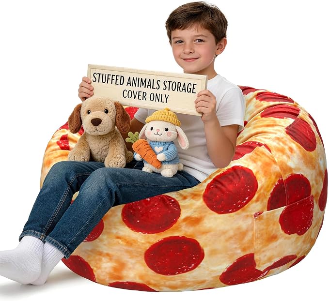 Lukeight Pizza Stuffed Animal Storage Bean Bag Chair Cover for Kids, Velvet Plush Toy Organizer Seat, Cover Only, No Filling Included, Long YKK Zipper, Side Pocket, X-Large 30"D x 18"H by Lukeight