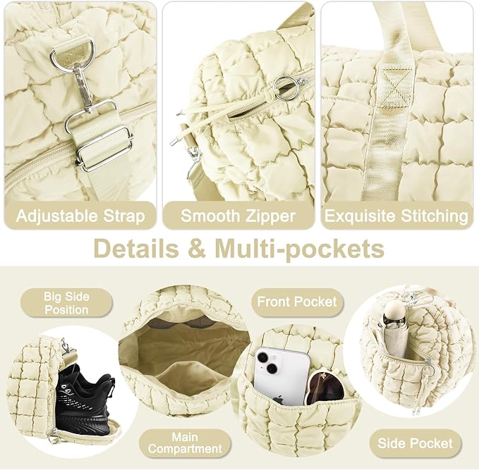 Quilted Travel Duffle Bag Gym Bag for Women,Large Puffer Duffle Weekender Bag with Compartment,Workout Overnight Carry on Organizer Bag Duffle Bag for Airplane Travel(L-Off-white) - Image 2