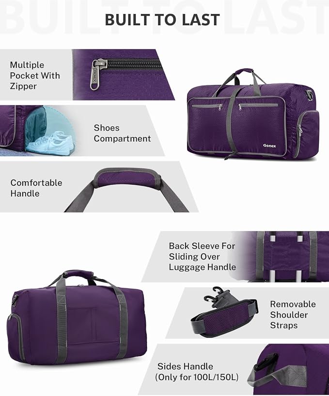 Gonex 80L Foldable Travel Duffle Bag with Shoe Compartment, Lightweight | 210D Nylon, Water-Repellent, Folds Compact, Multiple Pockets, Luggage Sleeve, Weekend Trips & Camping, Purple - Image 6