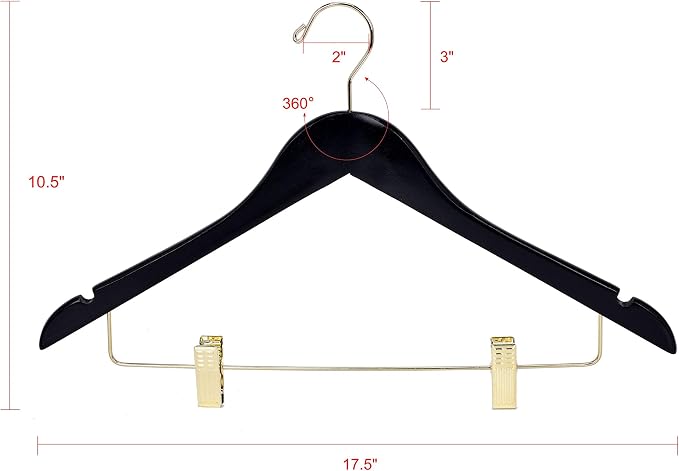 Quality Hangers Quality Wooden Skirt Hangers with Clips 80-Pack Black Pants Adjustable Gold Metal Clips, Swivel Hook, Coat, Jacket, Blouse Suit (Black - 80) 17.5'' - Image 6