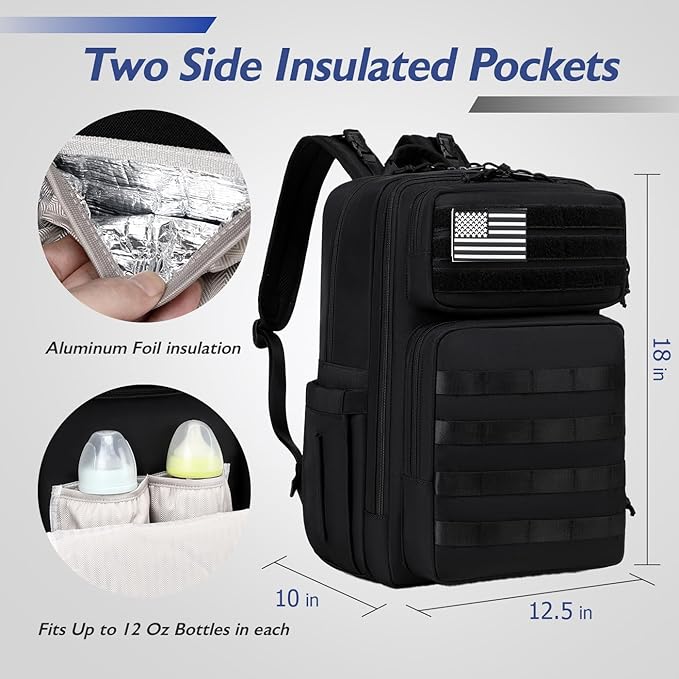 Large Dad Diaper Bag Backpack, Tactical Style, Black | Stroller Clips, Luggage Sleeve for Travel, Insulated Pockets - Image 3