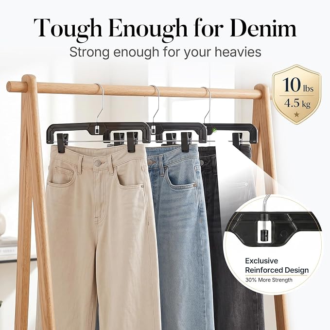 HOUSE DAY Black Pants Hangers with Clips 12 Pack, Plastic Skirt Hangers for Women, 14 Inch Clip Hanger for Pants, Skirts, Jeans, Shorts, Legging, with 360-degree Swivel Hook, 2 Adjustable Clips - Image 4