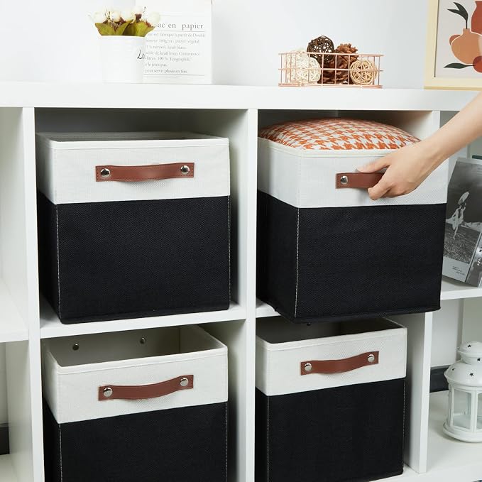 HNZIGE Cubes Storage Bins Set of 4,11 x 11 Fabric Storage Cube Baskets for Storage,Decorative Storage Bins for Shelves with Handles,Closet Clothes Baskets for Organizing Home(Black White) - Image 5