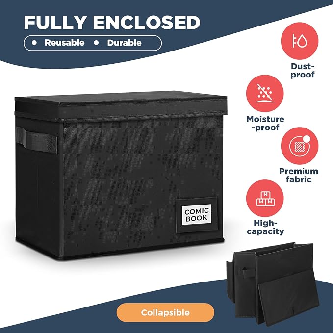 8 Pack Comic Book Storage Boxes, 15.4" x 7.5" x 11.4" Book Box Organizer Collapsible with Handles, Stackable Short Bin to Holds 150-180 Comics for Home School Classroom, Black - Image 6