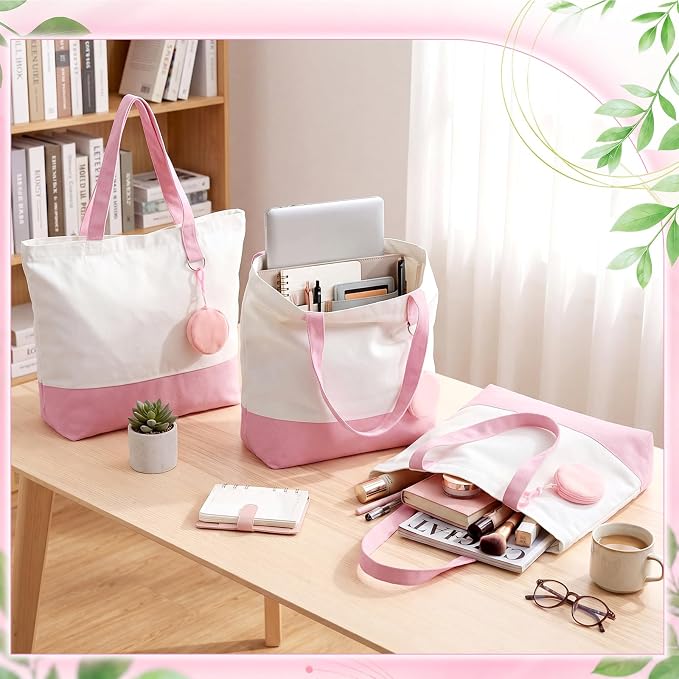 Sanwuta Canvas Tote Bags Bulk with Zipper and Plush Coin Purses 18.5" Reusable Cotton Shopping Bags with Handle for DIY Craft - Image 2