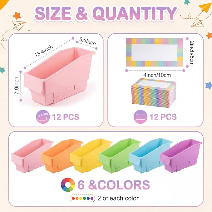 Geetery 12 Pack Non-Tip Book Bins with Stabilizer Wings Multicolor Plastic Storage Organizers Color Code Organization for Home Office Desktop Library Shelves Document Magazine File Holder (Pastel) - Image 2