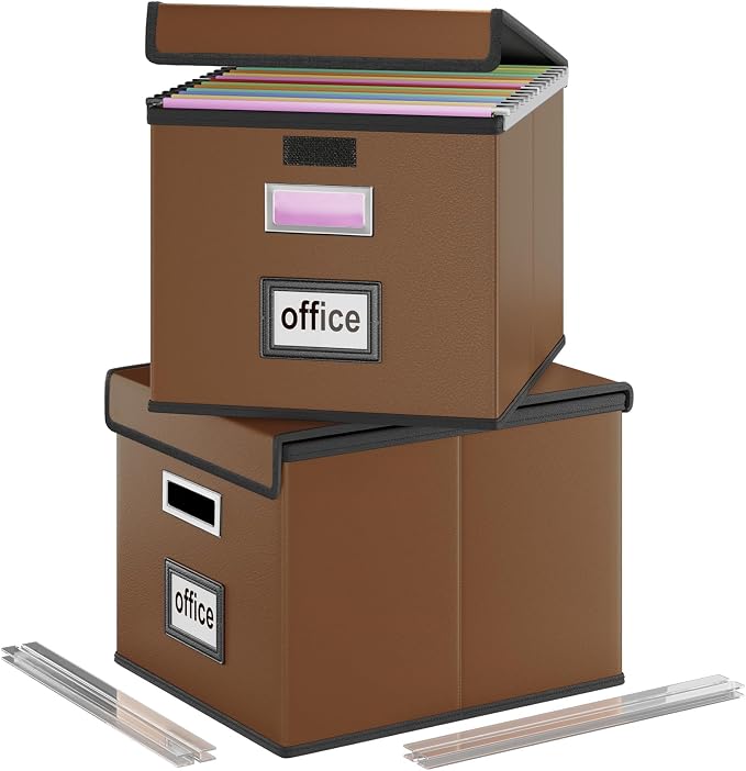 Foldable File Organizer Box with Lids (2 Pack, Brown, Leather) | File Box with Plastic Slides for Document, Filing Bin for Letter Size Hanging File Folders (2 Pack, Brown, Leather) by Huolewa