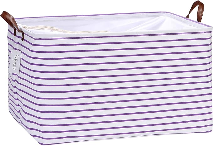 Hinwo 70L Extra Large Canvas Storage Bin with Lid and Handles | Collapsible Fabric Basket, Closet Shelf Organizer, Container for Clothing, Blankets, Toys, Bedding (Purple Stripe) by Hinwo