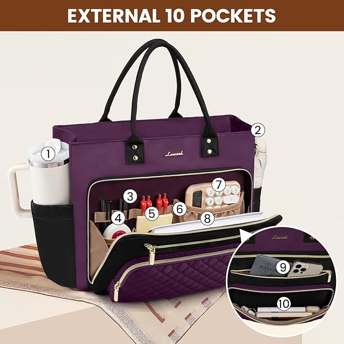 LOVEVOOK Teacher Nurse Diaper Bag, Purple Laptop Tote Bag for Women Work | Fits 15.6 Inch Laptop, With Large Cup Holder & Multi-Pockets, Professional Computer Briefcase, Business Large Purses, Gifts - Image 2