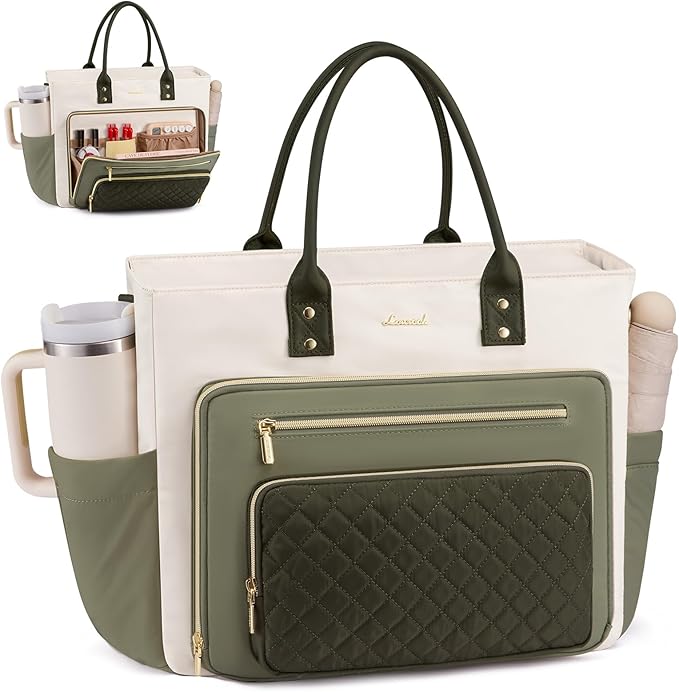 LOVEVOOK Teacher Tote Bag for Women Work, Laptop Bag With Large Cup Holder, Nurse Bags Professional Briefcase Business Computer Purses Handbag,Light Green-Beige-Olive Green,15.6 Inch by LOVEVOOK
