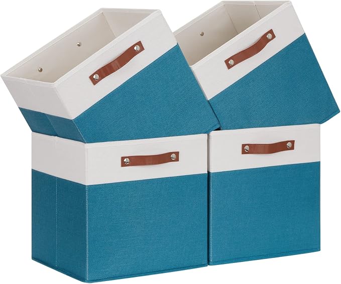Temary Cube Storage Bins Storage Cube Bins for Home, 4 Pack Fabric Storage Bins for Organization, Storage Cubes 13x13 Cube Baskets with Leather Handles (White&Teal) by TEMARY