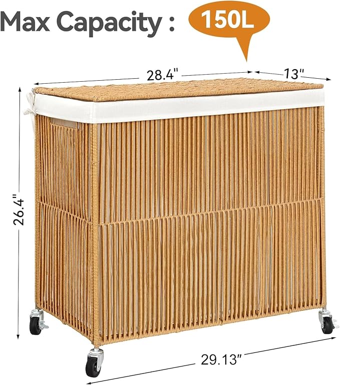WOWLIVE Laundry Basket 3 Section, Handwoven Laundry Hamper with Wheels | Rolling Clothes Hamper with Lid and Divided Removable Bag, 160L Large Laundry Sorter, Laundry Room Organization, Natural - Image 4