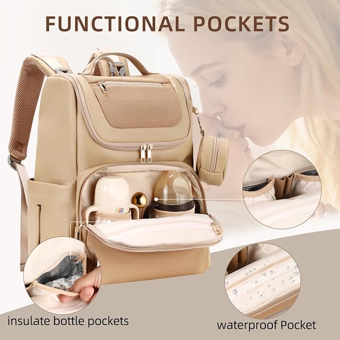 Large Leather Diaper Bag Backpack, Baby Travel Bag with Changing Pad, Insulated Pockets, Stroller Straps and Pacifier Case, Water-Resistant Diaper Bag for Mom and Dad, Khaki - Image 7