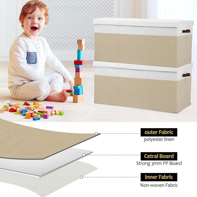 Extra Large Toy Storage Box with Lid,Toy Chest Bin Basket with Dividers | Sturdy Toy Organizer Bin for Kids, Boys, Girls, Nursery, Closet, Bedroom, Playroom 35.5"x17" x17" (Beige and White) - Image 6