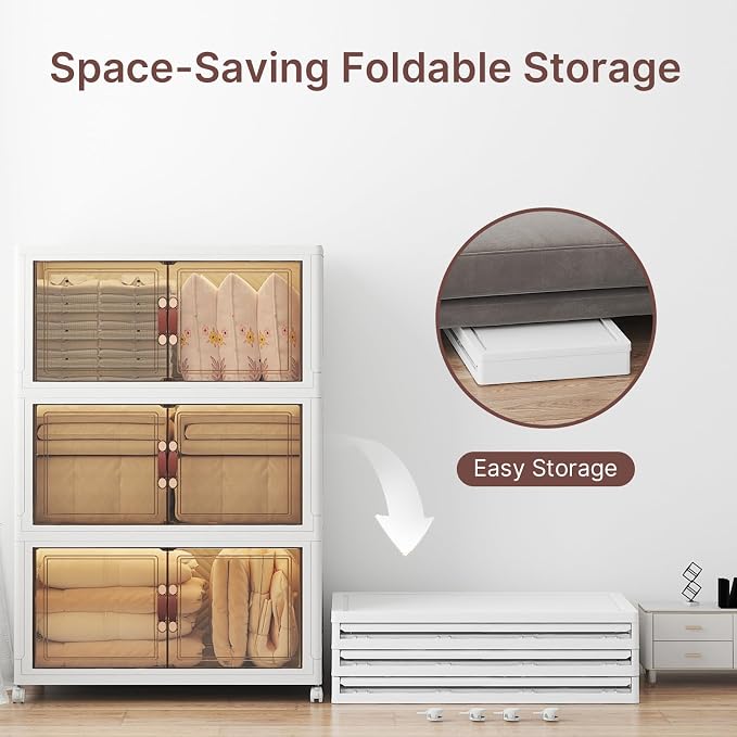 Stackable Storage Bins with Lids, 1080QT Lockable Storage Cabinet | Folding Storage Box with Doors and Wheels, Collapsible Plastic Drawers for Home, Garage, Office - Image 3