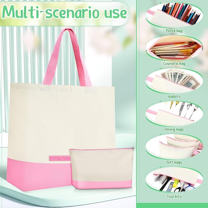 Sanwuta 16 Pcs Canvas Tote Bags Bulk with Zipper Cosmetic Pouch,Pink | 18.5" Reusable Cotton Shopping Bag with Handle for DIY Craft - Image 5