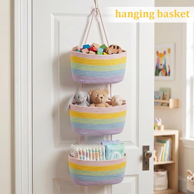 TeoKJ Over the Door Hanging Basket, 3-Tier Woven Cotton Wall-Mounted Storage Organizer Bag Decorative Hanging Nursery Baskets, Rainbow - Image 4