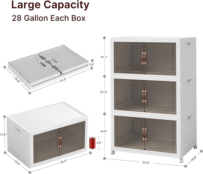 Stackable Storage Bins with Lids, 330QT Lockable Storage Cabinet | Closet Organizers, Foldable Storage Box with Doors and Wheels, Plastic Drawers for Home, Garage, Office (3, White, Plus) - Image 2