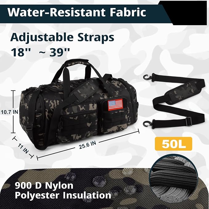 Tactical Gym Bag for Men,50L Large 3-in-1 Sports Duffle Bag for Travel Gym | Water Resistant ,Adjustable Shoulder Strap,MOLLE Weekender Overnight Bag with Shoes Compartment,Gym Backpack for Gym,Travel - Image 4