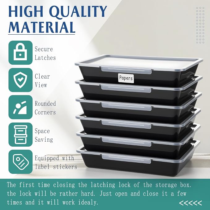 12 Pcs Classroom Paper Storage Bins with Clear Latching Lids Labels, Letter Size Stackable Flat Trays Container Paper Organizer for Teacher Back to School Office Arts Crafts (Black,13x10in) - Image 3