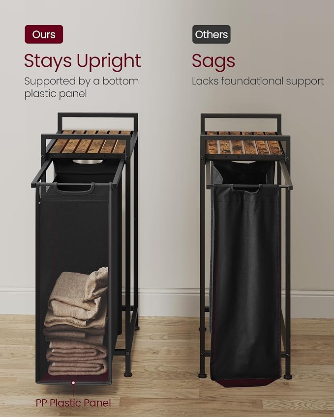 VASAGLE Laundry Hamper, Laundry Basket, Laundry Sorter with a Pull-Out and Removable Bag, Shelf, Metal Frame, 12.4 Gallons (47 L), 16.5 x 11 x 29.5 Inches, Ink Black and Rustic Brown UBLH001B01 - Image 4
