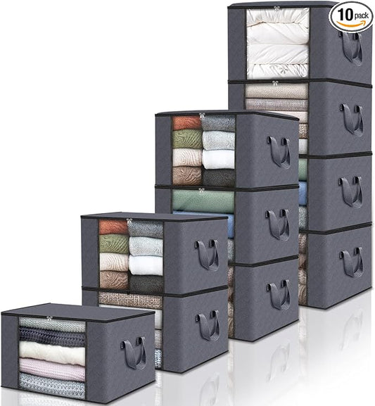 10 Pack Storage Bags for Clothes Blanket Storage Bins with Lids | Foldable Closet Organizers with Zippers,Window and Handles,Fabric Storage Bins for Sweater,Comforter,Bedding,Dorm essentials by Fabtotes