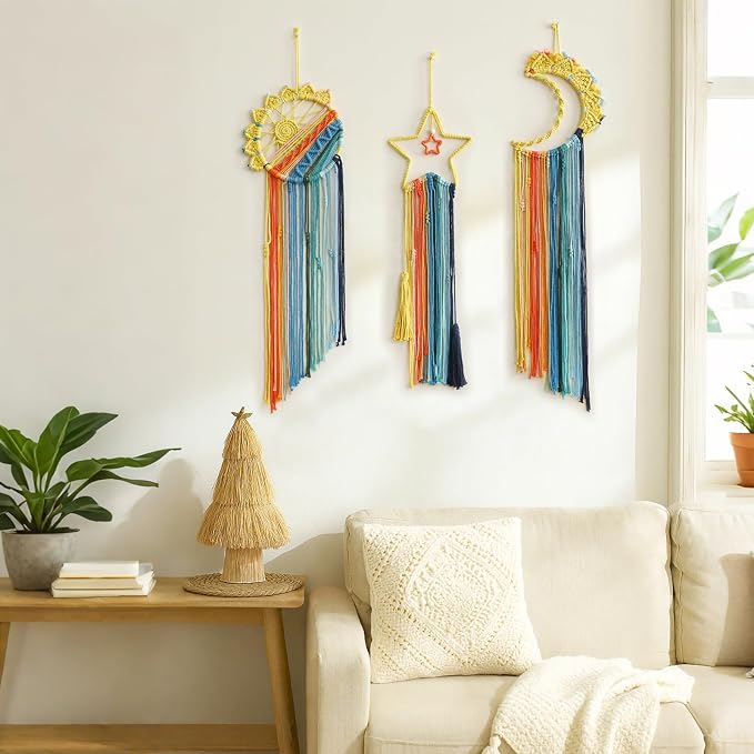 Artilady Macrame Wall Hanging Tapestry, 3 Pakc Boho Sun Dream Catcher Decor | Large Wall Tapestry, Handmade Woven, Farmhouse Rustic, Colorful Sunrise Wall Art, Bedroom Living Room Apartment Home Decor - Image 2