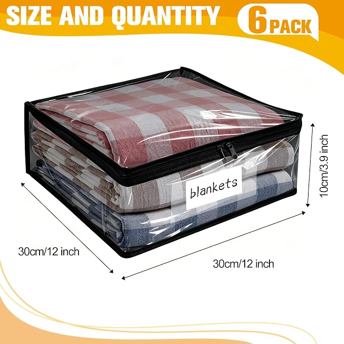 Plastic Storage Bags with Easy-Glide Zipper, Pack of 6, Durable Clear Vinyl Zippered Storage Bags for Clothes Sweaters Comforters Blankets Sheets Bedding (12 x 12 x 3.9 Inch, Transparent Black) - Image 2