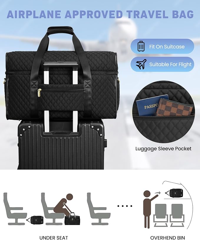 Weekender Travel Duffle Bag for Women: Overnight Bags with Shoe Compartment Carry on Bags for Airplanes with Toiletry Bag Weekend Yoga Gym Bag with Wet Pocket Travel Duffel Tote Bag Hospital Bag Black - Image 5