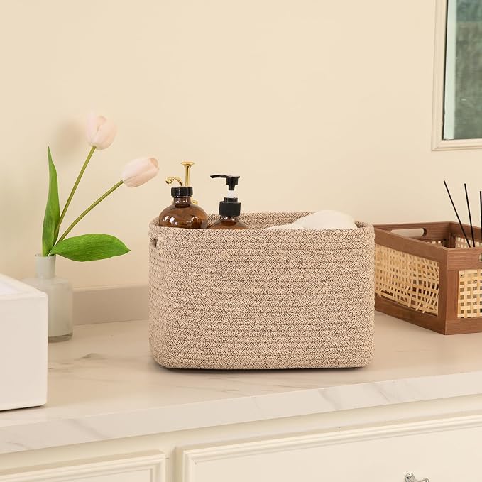 OIAHOMY 4 Pack Storage Baskets for Organizing, Cube Storage Bins for Shelves, Rectangle Storage Baskets With Handles, Woven Baskets for Storage, 12.7''Lx9''Wx7.8''H, Mixed Brown - Image 5
