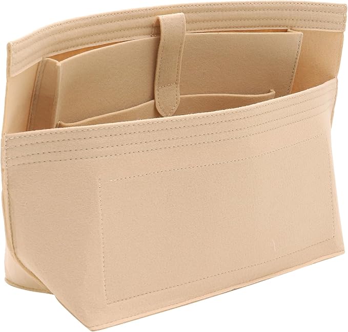 Purse Organizer Insert for Handbags, Felt Neverfull MM Organizer Insert with Laptop Compartment, Tote Bag Organizer with Zipper Pocket and Bottle Holder, Fit Neverfull MM and More, Beige-L by Doxo
