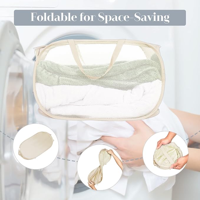 4 Pack Collapsible Laundry Baskets, Foldable Laundry Basket with Pocket, Durable Mesh Pop Up Hampers, Reinforced Handles Dirty Clothes Hamper for Laundry, Bedroom, Bathroom, Dorm, Travel or Camping - Image 6