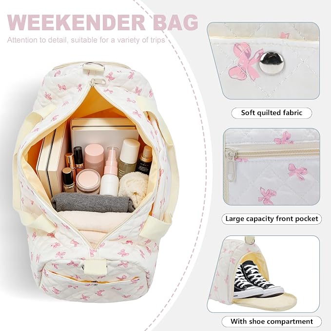 White Pink Bow Quilted Weekender Duffle Bag with Shoe Compartment | Women's Overnight Gym Bag for Travel, Carry-On Duffel with Luggage Sleeve for Hospital Labor & Weekend Getaway - Image 4