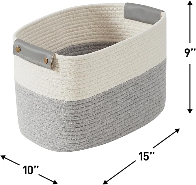 3 Pack Woven Cotton Rope Storage Basket, 15x10x9, White/Gray | Faux Leather Handles; Decorative Closet Shelf Organizer; Ideal for Storage & Organization - Image 4