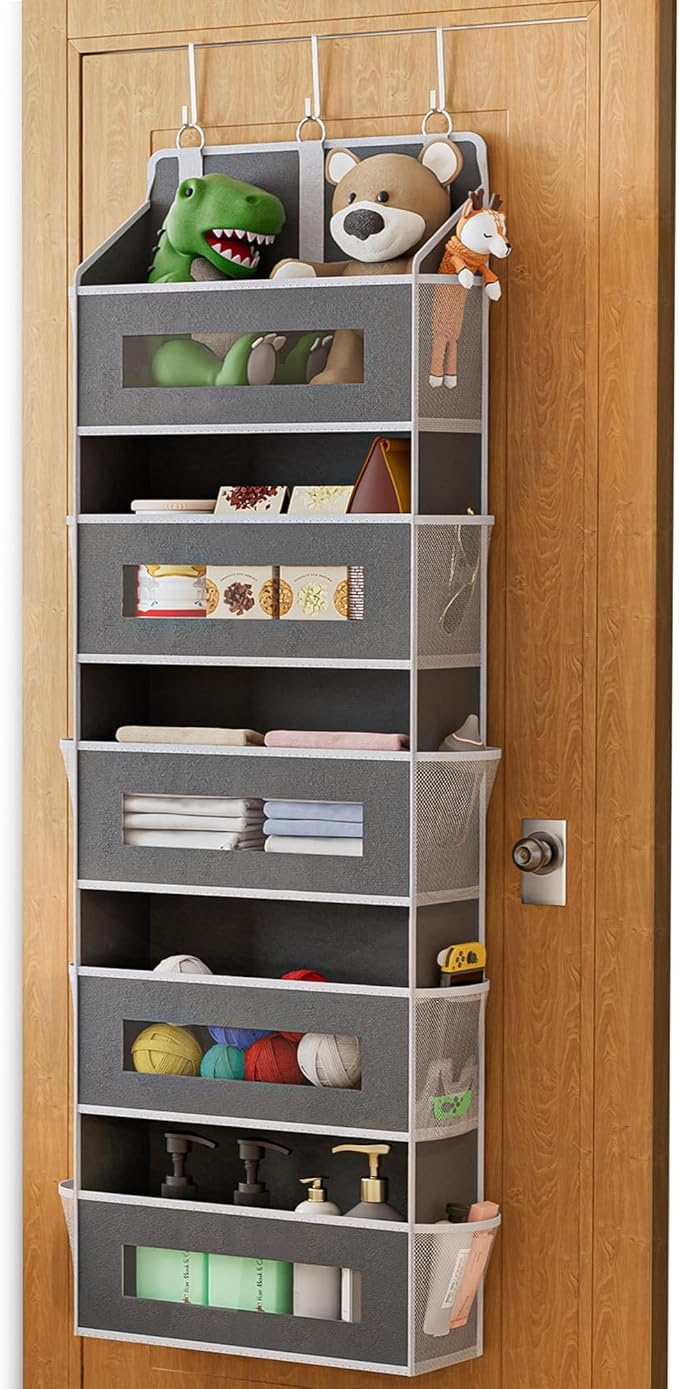 5 Tier Over The Door Organizer Space-Saving Storage for Any Room | Grey Hanging Closet Organizer with 10 Mesh Pockets and Clear Windows, Closet Organizers and Storage for Bathroom, Bedroom by Unknown