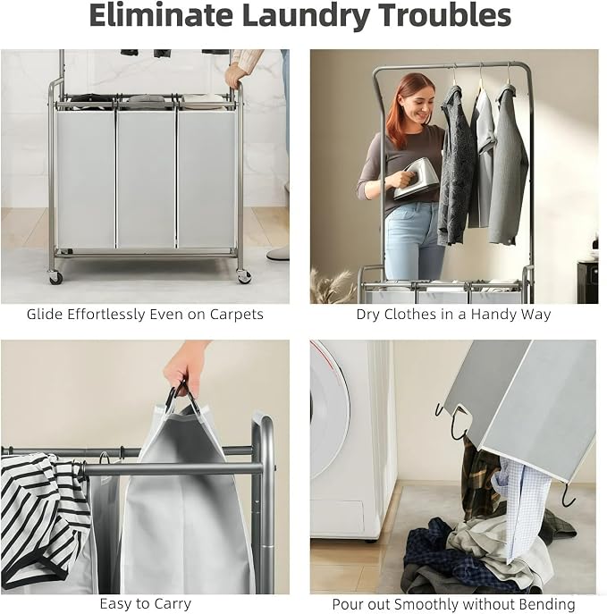 ROMOON Laundry Sorter Hamper with Hanging Bar, 3 Section Laundry Cart | Rolling Laundry Basket Organizer with Clothes Rack & Heavy-Duty Lockable Wheels for Apartment, Dorm, Small Spaces, 135L, Grey - Image 6
