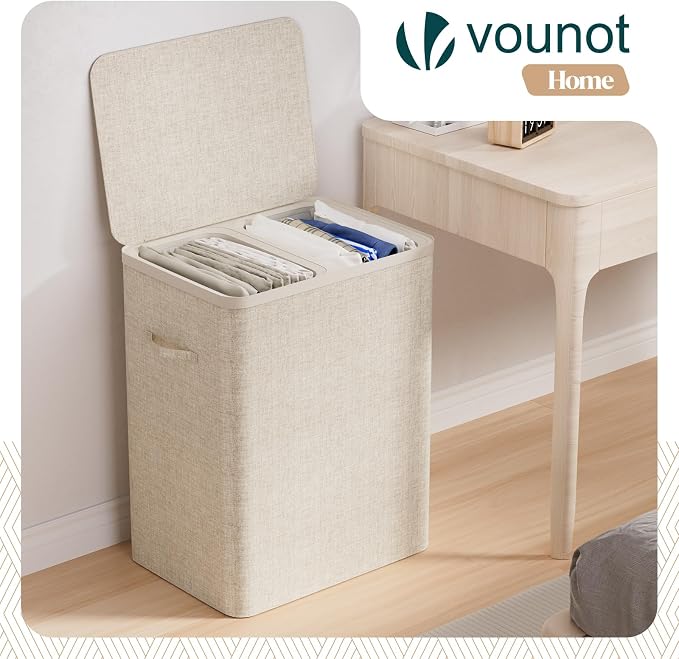 VOUNOT® 150L Laundry Basket with Lid, Rectangular 2 Compartment Laundry Hamper with Removable Bags & Handles, Foldable Laundry Bin for Bedroom, Bathroom, Utility Room, Beige - Image 2